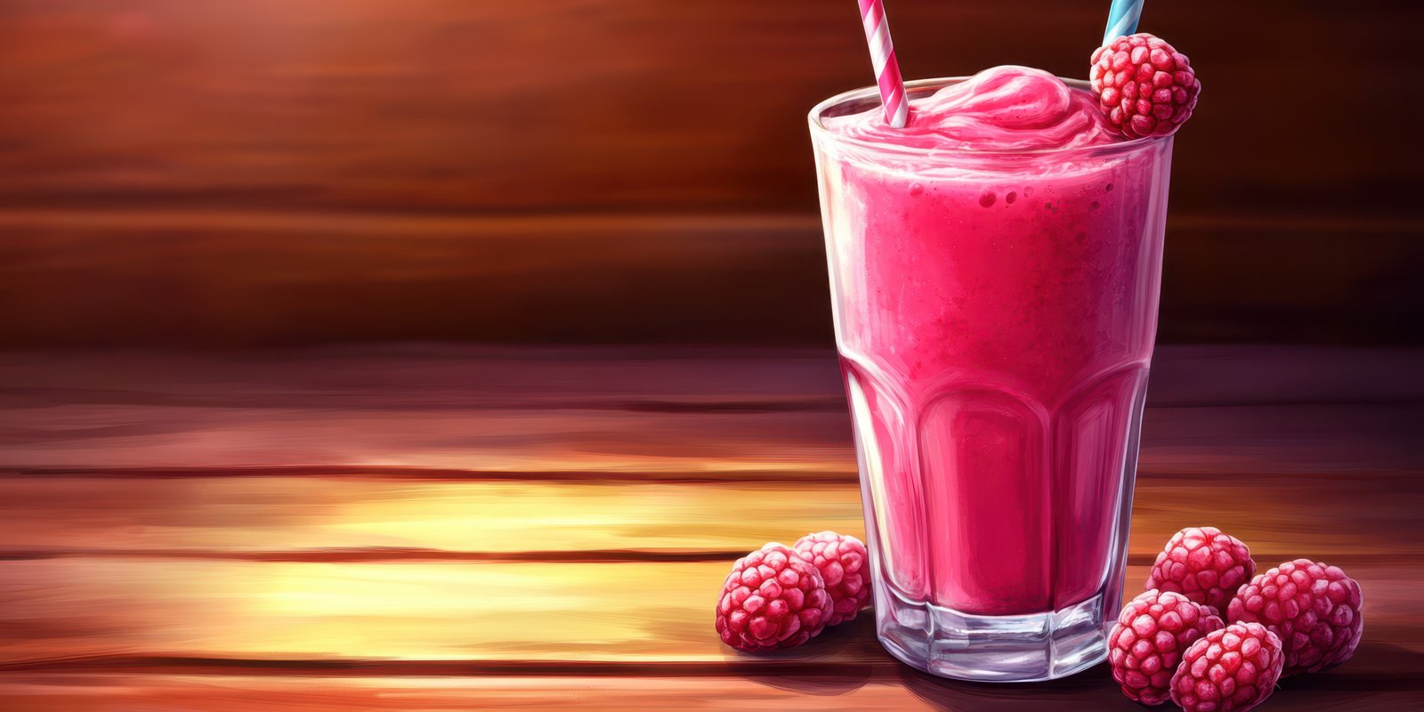 Refreshing raspberry smoothie with whipped cream served in a clear glass on a wooden table